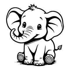 Adorable Kawaii Chibi Elephant Sitting Cute Cartoon in Detailed Black and White Outline Line Art Drawing