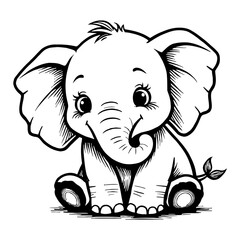 Cute Chibi Kawaii Elephant Sitting Front View Detailed Black and White Outline Line Art Drawing