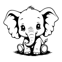Cute Chibi Kawaii Elephant Sitting Down Front View Detailed Black and White Outline Line Art Drawing