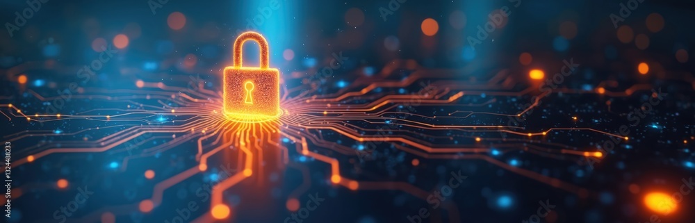 Leinwandbilder digital lock glows on circuit board. cybersecurity system, encryption tech protect sensitive busines