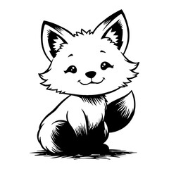 Cute Kawaii Fox Cub Sitting with a Smile Detailed Black and White Outline Line Art Drawing
