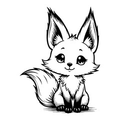 Cute Kawaii Chibi Fox Sitting Front View Detailed Black and White Outline Line Art Drawing Design