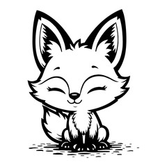 Cute Chibi Kawaii Fox Illustration Smiling Sitting Down Black and White Outline Line Art Drawing
