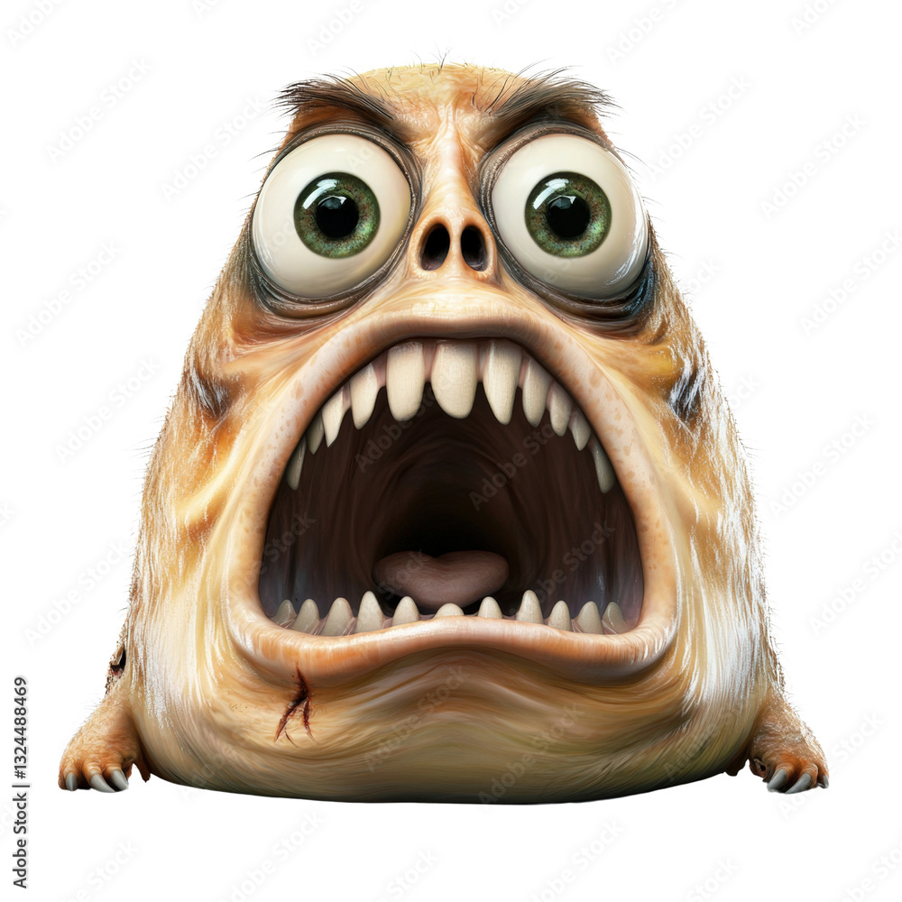 Poster very angry looking creature with intense expression displaying emotion and character in a creative a