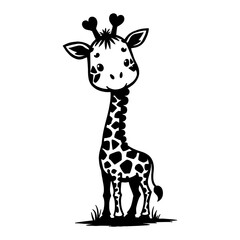 Obraz premium Cute Chibi Kawaii Giraffe Standing Isolated with Grass in Black and White Outline Line Art Drawing