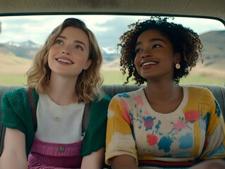 Two cheerful young women sitting in a car, enjoying a scenic countryside road trip. They are smiling and looking outside with happiness