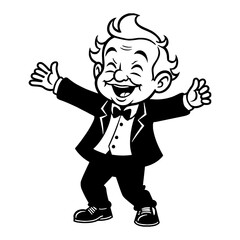 Cute Chibi Kawaii Grandpa Dancing Pose with Joyful Expression Black and White Outline Line Art Drawing