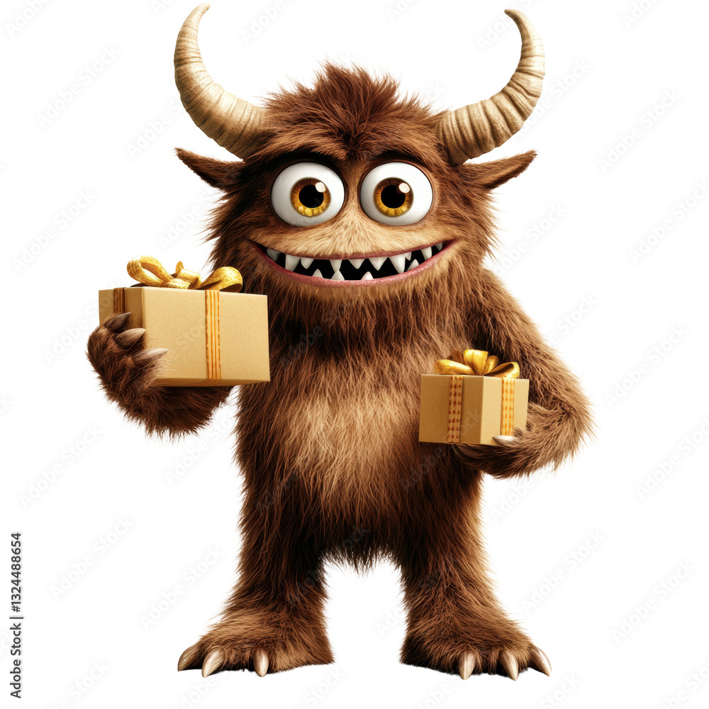 Poster furry monster holding a box of gold displaying an endearing yet mischievous character in a whimsical