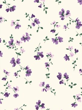 Seamless wallpaper pattern of small, ditsy floral print in muted mauve and sage green on a cream background
