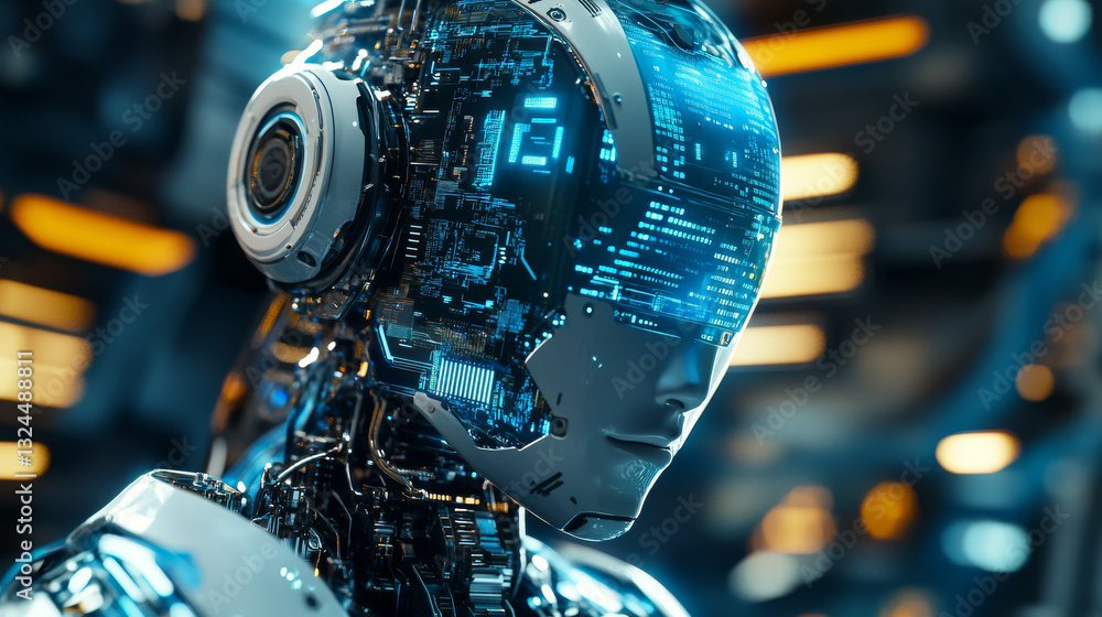 Poster ai humanoid robot in light neon blue on a technology background. chatbot or ai concept. artificial i