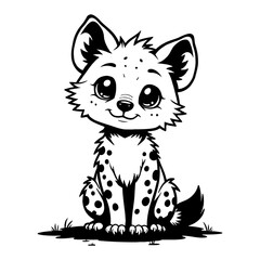 Cute Chibi Kawaii Hyena Sitting Front View Detailed Black and White Outline Line Art Drawing