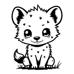 Cute Chibi Kawaii Hyena Character with Hearts Black and White Detailed Outline Line Art Drawing