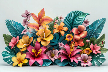 Elegant tropical floral arrangement featuring pink, yellow, and orange flowers with lush green leaves, creating a vibrant and exotic botanical display on a white background.