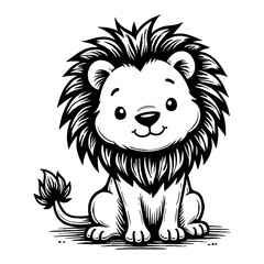 Cute Chibi Kawaii Lion Cub Sitting Front View Detailed Black and White Outline Line Art Drawing