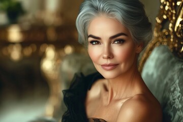 Fototapeta premium Elegant woman with silver hair poses gracefully in luxurious interior setting during soft afternoon light