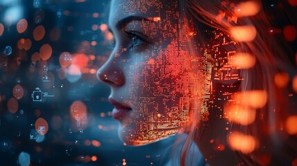 Profile of a woman with a digital overlay reflecting city lights and data patterns at night