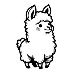 Cute Chibi Kawaii Llama Full Body Front View Isolated in Black and White Outline Line Art Drawing