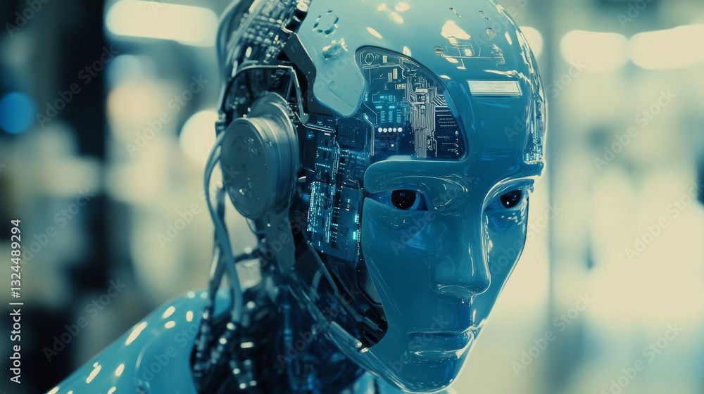 Poster ai humanoid robot in light neon blue on a technology background. chatbot or ai concept. artificial i