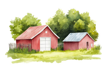 Obraz premium Red barns surrounded by greenery in rural setting, cut out
