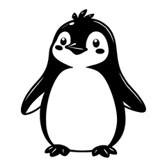 Cute Kawaii Penguin Standing Front View Detailed Black and White Outline Line Art Drawing Illustration