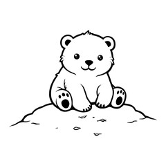 Cute Chibi Kawaii Polar Bear Sitting on Snow in Black and White Outline Line Art Drawing