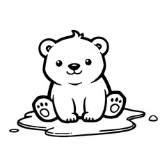 Cute Kawaii Chibi Polar Bear Sitting on Melting Ice Detailed Black and White Outline Line Art Drawing