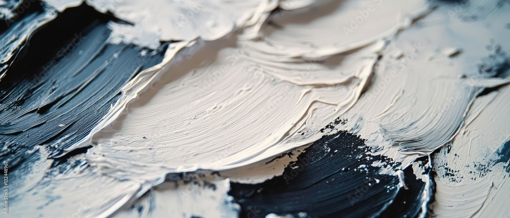 Poster an abstract close-up of textured paint strokes in black and white, showcasing layers and depth in a 