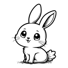 Cute Chibi Kawaii Rabbit Sitting Down with Friendly Expression Black and White Outline Line Art Drawing
