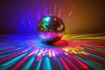 A vibrant, colorful disco ball reflecting multicolored light beams in a dark room with a party atmosphere