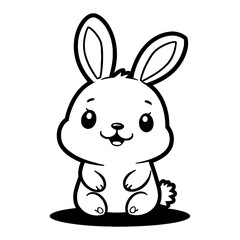 Fototapeta premium Cute Chibi Kawaii Rabbit Sitting with Smiling Face Detailed Black and White Outline Line Art Drawing