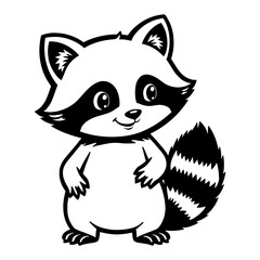 Cute Kawaii Style Raccoon Standing with Striped Tail Detailed Black and White Outline Line Art Drawing