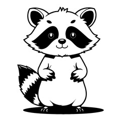 Cute Kawaii Chibi Raccoon Standing in Black and White Detailed Line Art Drawing Illustration