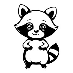 Cute Chibi Kawaii Raccoon Standing with Front View Detailed Black and White Outline Line Art Drawing