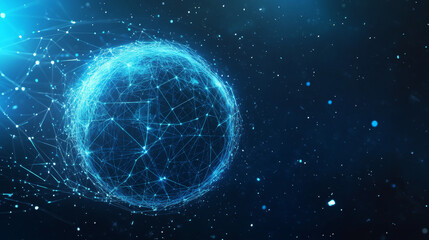 Obraz premium Abstract tech background with low poly wireframe elements. Space technology background in blue. Dark technology bg. Polygonal digital planet in outer space. AI technology concept. Vector illustration