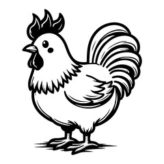 Cute Chibi Kawaii Rooster Chicken Standing Black and White Outline Line Art Drawing Illustration
