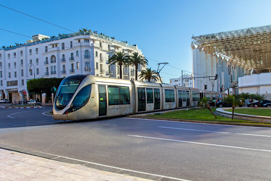 Modern tram in the centre of Rabat. Rabat-Sale tramway system consists of 2 lines. Morocco