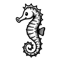 Cute Kawaii Seahorse Standing Upright Hand Drawn Black and White Outline Line Art Drawing Style