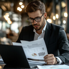 A manager reviewing supplier documents on a laptop