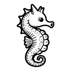 Cute Kawaii Seahorse Black and White Outline Line Art Drawing Style with Detail on Isolated Background