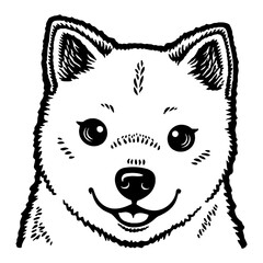 Cute Chibi Kawaii Shiba Dog Puppy Head with Smiling Face Black and White Outline Line Art Drawing