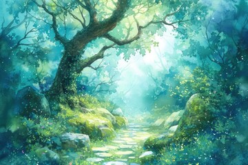 Naklejka premium Serene forest pathway illuminated by soft sunlight filtering through lush green foliage during the early morning hours