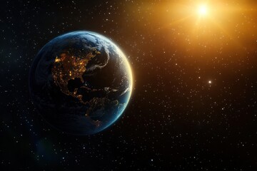 An artistic rendition of Earth in space, illuminated by the sun with its night side casting shadows, showcasing the curvature of the planet and visible continents.