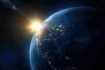 Obraz premium An artistic rendition of Earth in space, illuminated by the sun with its night side casting shadows, showcasing the curvature of the planet and visible continents.