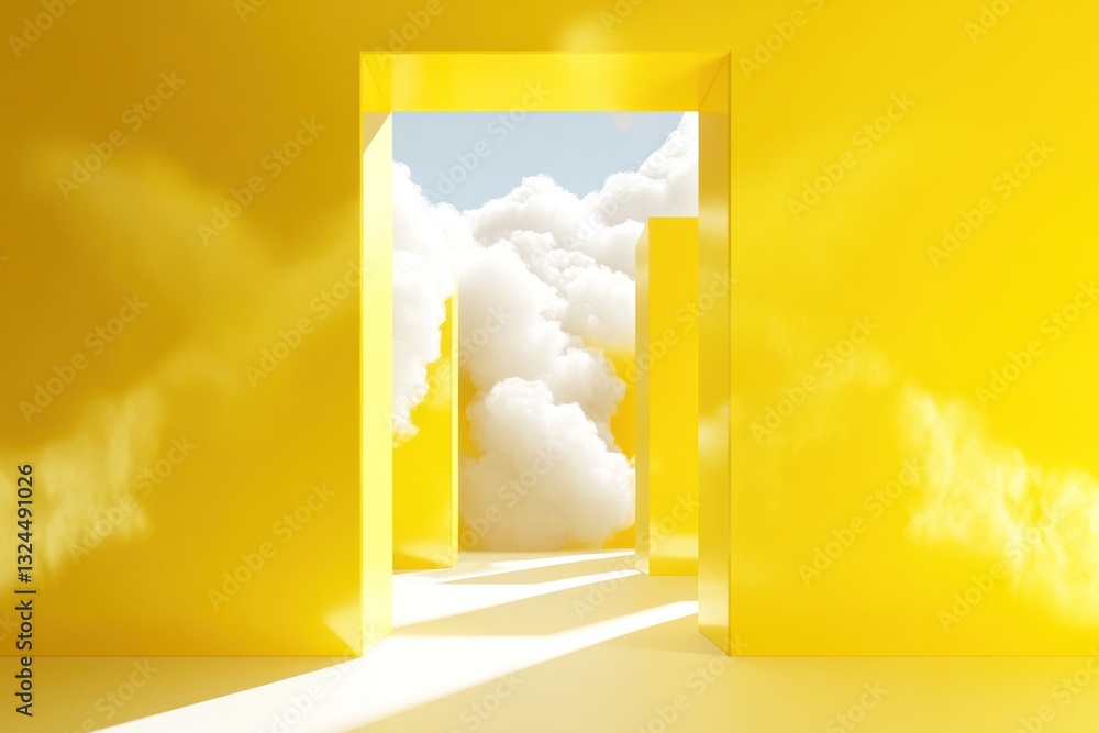 Aufkleber artistic rendering of a vibrant yellow environment with a geometric white tunnel projecting clouds, 