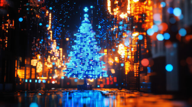 Hanging 2020 number year or digits and Christmas tree consisting blue shining neon square pixels with reflection. Xmas New Year card background. Digital computer technology conceptual holiday banner.