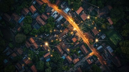 Aerial view of a small town with digital network lines showcasing connectivity and innovation in rural areas