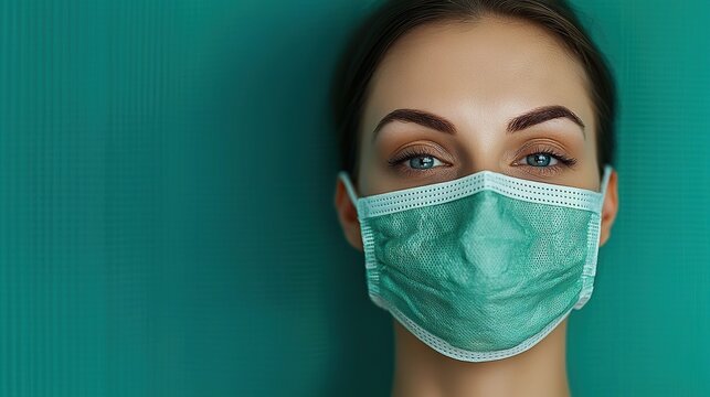 Woman wearing face mask indoor setting portrait photography neutral background close-up health awareness