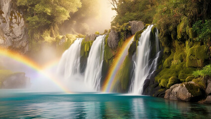 A serene and breathtaking waterfall cascades down a rugged