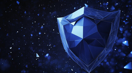 Shield. Abstract wireframe vector illustration on dark blue. Protect and Security of Safe concept. Low poly starry sky digital 3d modern image or background. Polygonal knight sign.