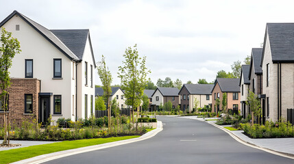 Naklejka premium Suburban Residential Street with Modern Houses Blue Sky and Green Landscaping